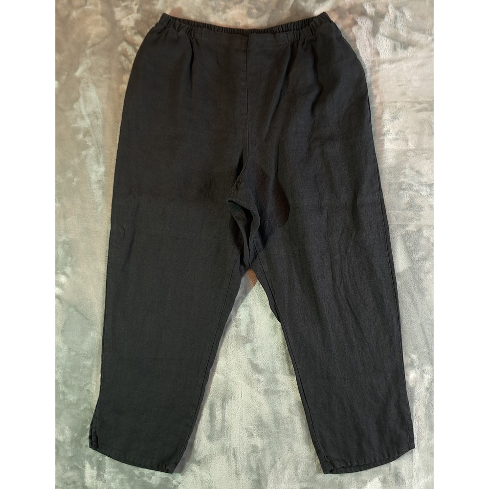 FLAX Linen Floods Pants L Large Charcoal Black Crop Elastic Waist Lagenlook Side